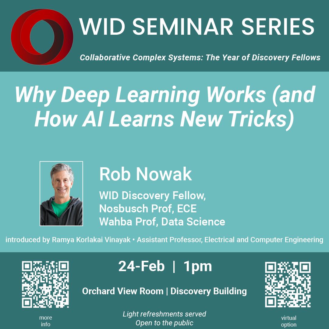 Save the date! "Why Deep Learning Works (and how AI learns new tricks)" on Tuesday, 2/24 in the Discovery Building, Orchard View Room. Free and open to the public. Rob Nowak, Discovery Fellow and named Professor in both Electrical & Computer Engineering and Data Science speaks on the hows and whats of cutting edge technology. Rob is introduced by one of our newest Discovery Fellows, Ramya Korlakai Vinayak.