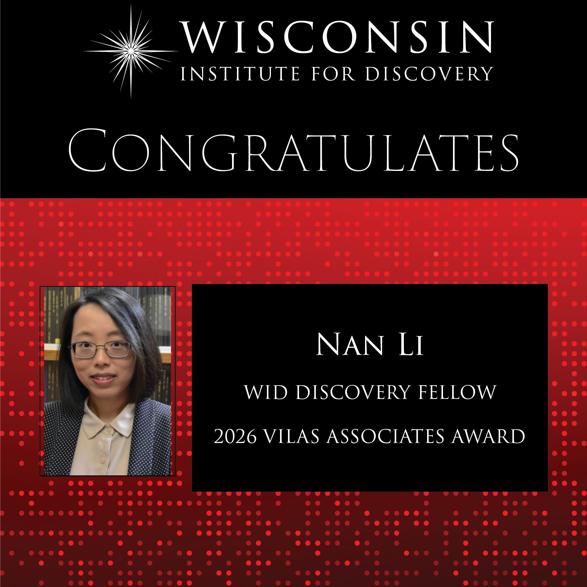 Congratulations Discovery Fellow, @nanli.bsky.social for earning a Vilas Associate Award! The competition recognizes new and ongoing research of the highest quality and significance. Recipients are chosen competitively by the divisional Research Committees on the basis of a detailed proposal.