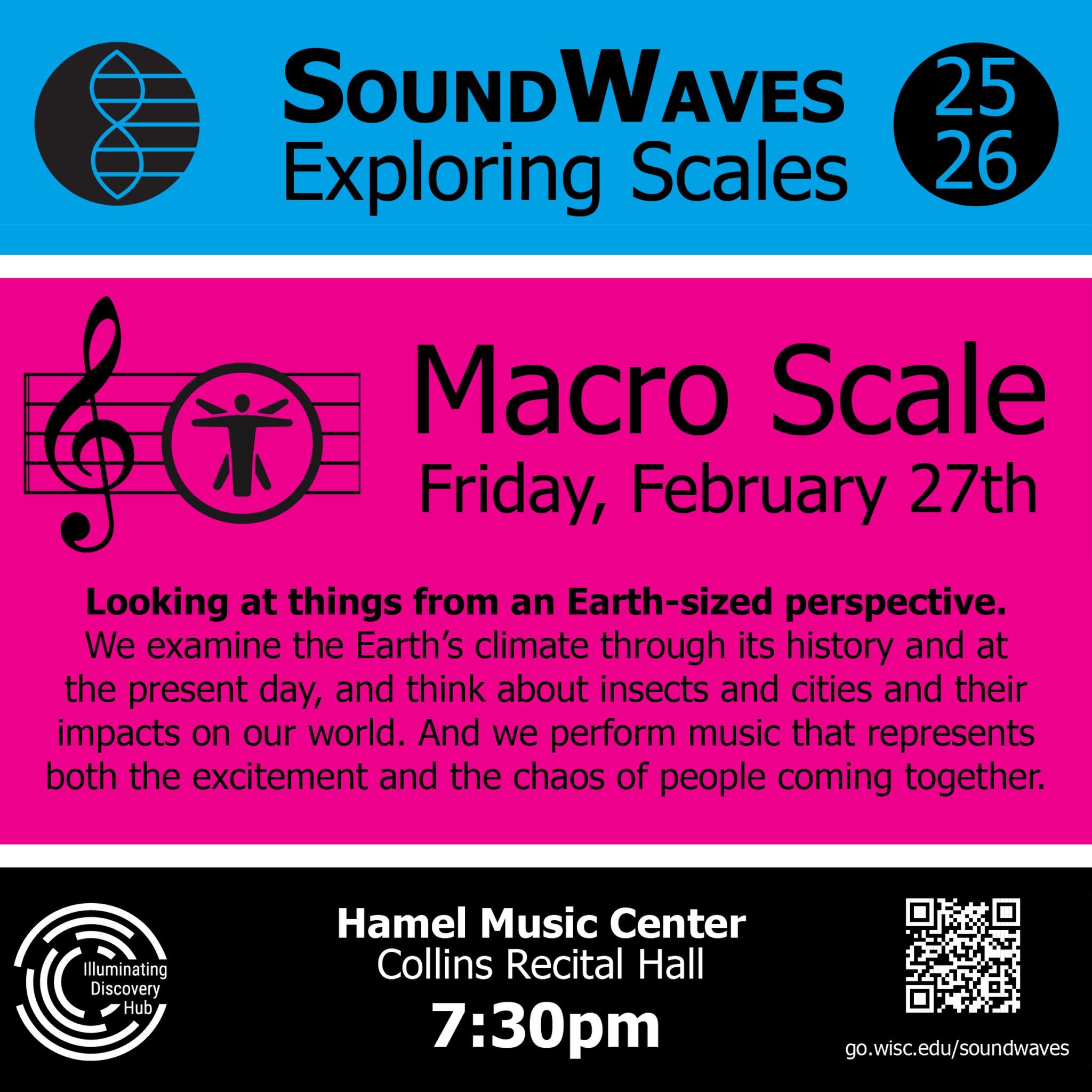 We've attained MACRO SCALE! Join Aslıgül Göçmen, Planning and Landscape Architecture; Nova Tebbe, Center for Sustainability and the Global Environment; Stephen Meyers, Geoscience; and James Crall, entomology Earth’s climate through its history and at the present day, and think about insects and cities and their impacts on our world. Musical performances by UW faculty, Daniel Grabois, Christopher Taylor, Matthew Onstad, Jean Laurenz, and Todd Hammes.