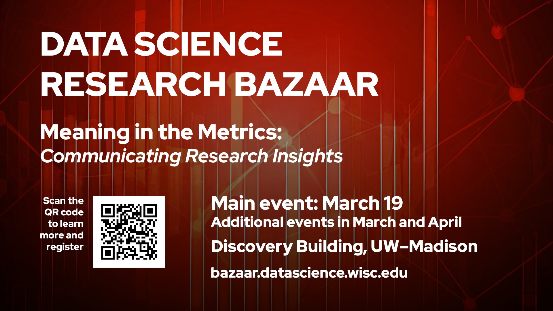 The Data Science Research Bazaar is an opportunity to explore strategies for translating and communicating research insights. Join us for lightning talks, posters and speakers on March 19, with more events this spring. Learn more: https://bazaar.datascience.wisc.edu/ #UWResearchBazaar