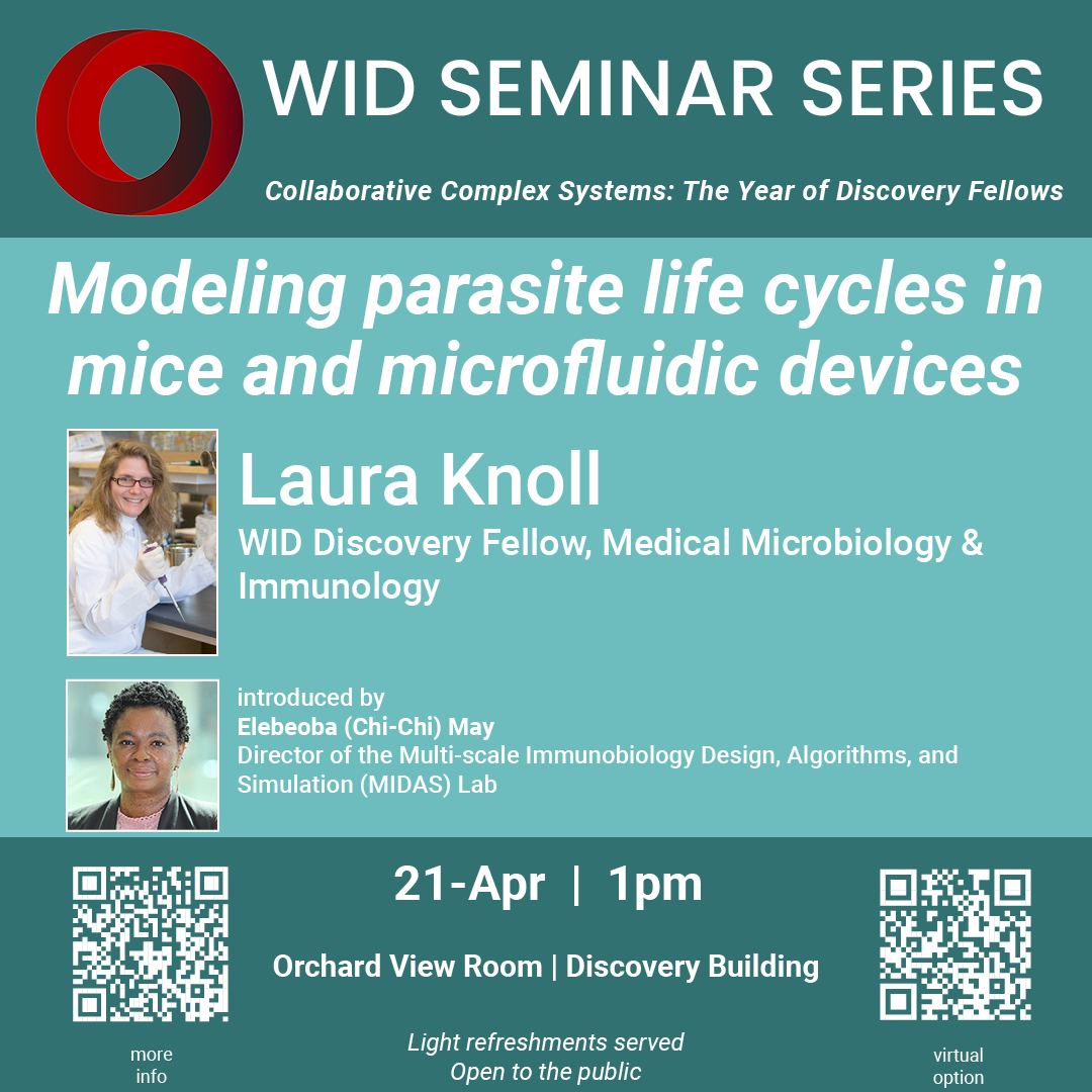 Save the datefor the WID Seminar Series. Laura Knoll presents 'Modeling parasite life cycles in mice and microfluidic devices' introduced by Elebeoba (Chi-Chi) May. April 21 at 1pm in the Orchard View Room, Discovery Building. Light refreshments served. Free and open to the public.