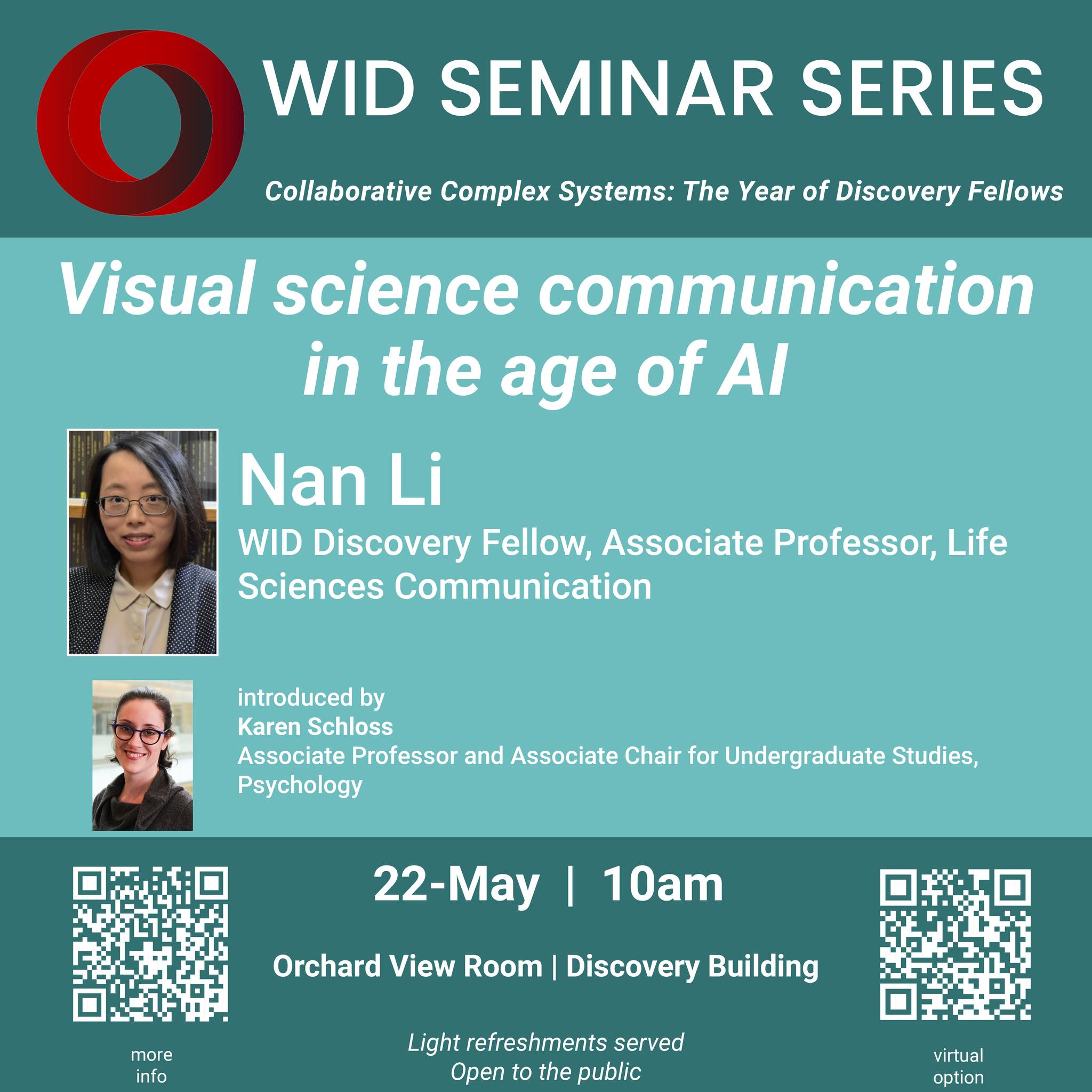 Join us for our final seminar of the semester on May 22nd at 10am. Nan Li, 2026 Vilas Associate award winner, speaks on 'Visual science communication in the age of AI!' Introduced by WID faculty member Karen Schloss. Open to the public.