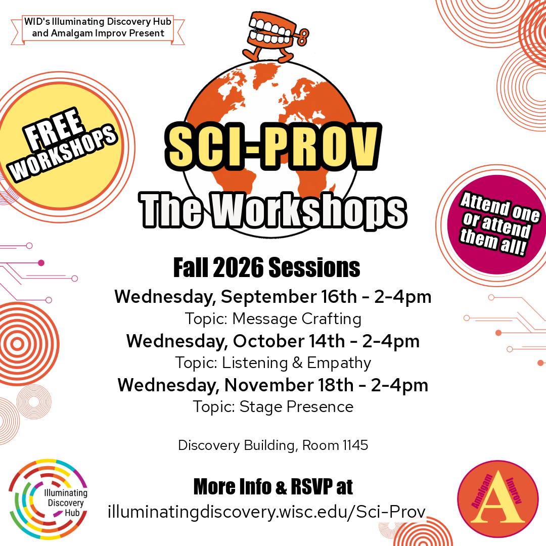 Calling all scientists, researchers, improv-enthusiasts, and communication-curious minds! The popular Sci-prov show, presented in partnership with @amalgamimprov, is bringing something new to campus...introducting Sci-prov: The Workshops! Attend one or all of this fall's workshop series, each focusing on a different aspect of communication. These FREE workshops are open to folks at any stage of their career - whether you're just starting out in science or have been in the biz for decades - there is always room to improve your communication skills, and what better way than through improv!
Summer filled up fast and space is limited so register NOW to secure your spot. Visit illuminatingdiscovery.wisc.edu/sci-prov to RSVP and learn more!